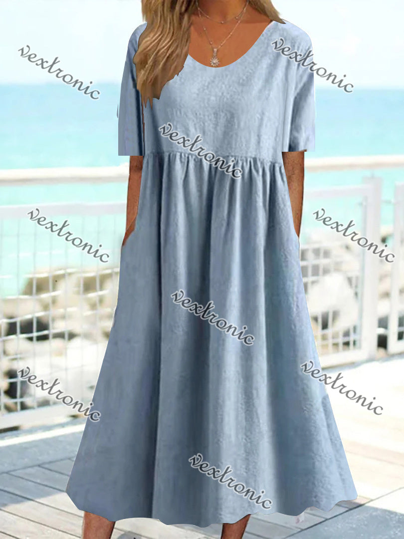 Women's Blue Scoop Neck Half Sleeve Solid Color Midi Dress