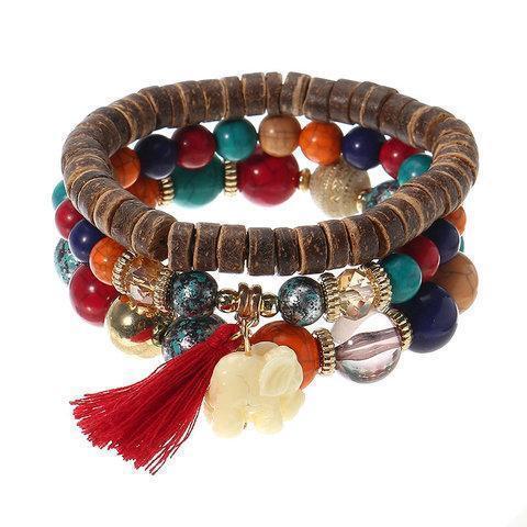 3 Pcs/set Bohemian Multilayer Beads Bracelet Wood Elastic Bracelet with Tassel