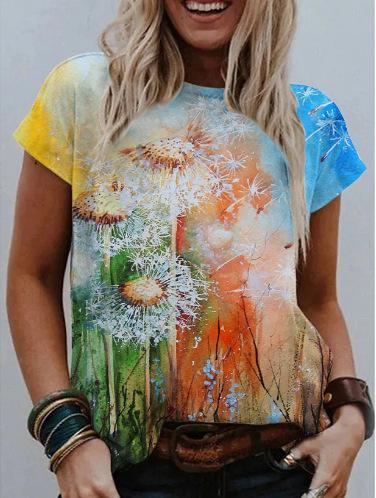 Women Watercolor Painting Floral Print Scoop Neck Short Sleeve T-shirt