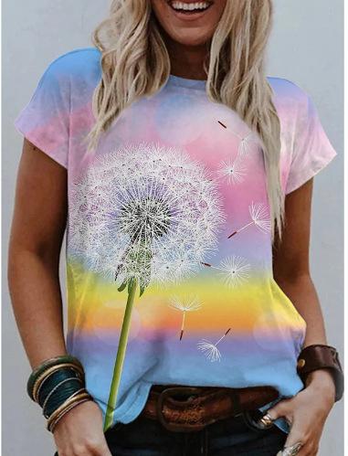 Women Watercolor Painting Floral Print Scoop Neck Short Sleeve T-shirt