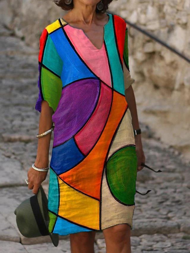 Women Half Sleeve V-neck Floral Printed Midi Dress