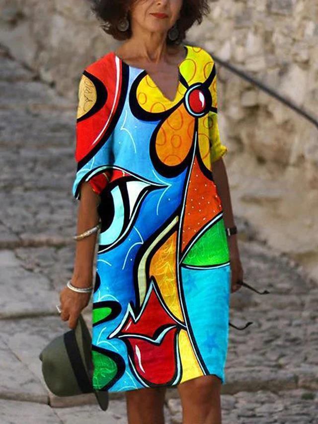 Women Half Sleeve V-neck Floral Printed Midi Dress
