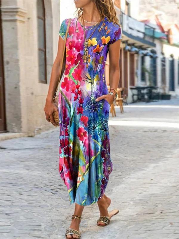 Women Short Sleeve Scoop Neck Floral Printed Maxi Dress