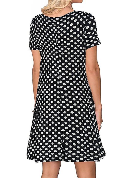 Women Short Sleeve Scoop Neck Button Floral Printed Pockets Polka Dot Midi Dress