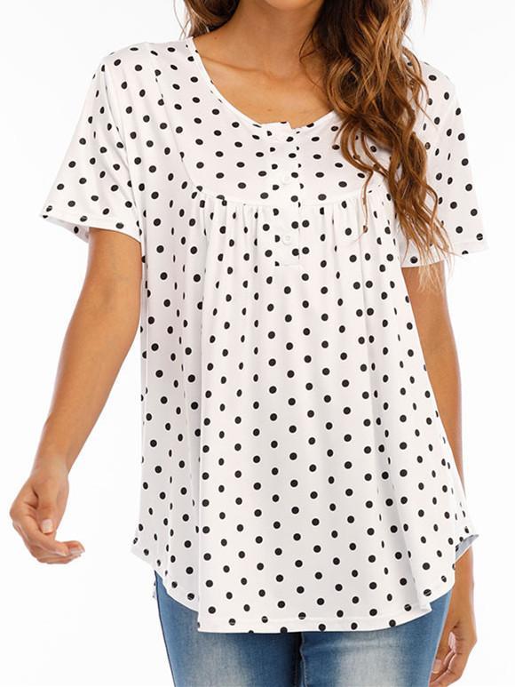 Women Short Sleeve U-neck Polka Dot Button Top