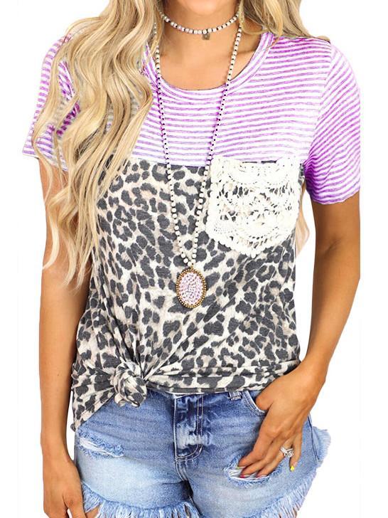 Women Short Sleeve Scoop Neck Stitching Pockets Striped Leopard Printed Top