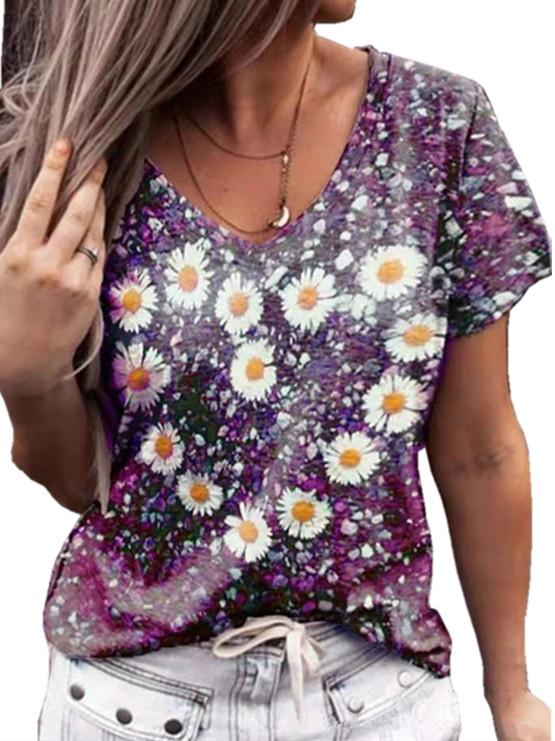 Women Short Sleeve V-neck Floral Printed Top