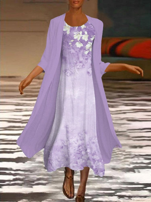 Elegant Floral Long Sleeve Woven Dress Two-piece Maxi Dress