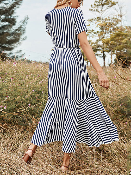Women's Short Sleeve V-neck Striped Printed Maxi Dress