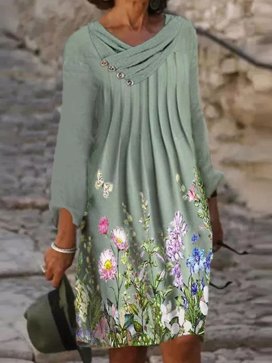 Women's Floral Printed Long Sleeve Scoop Neck Midi Dress