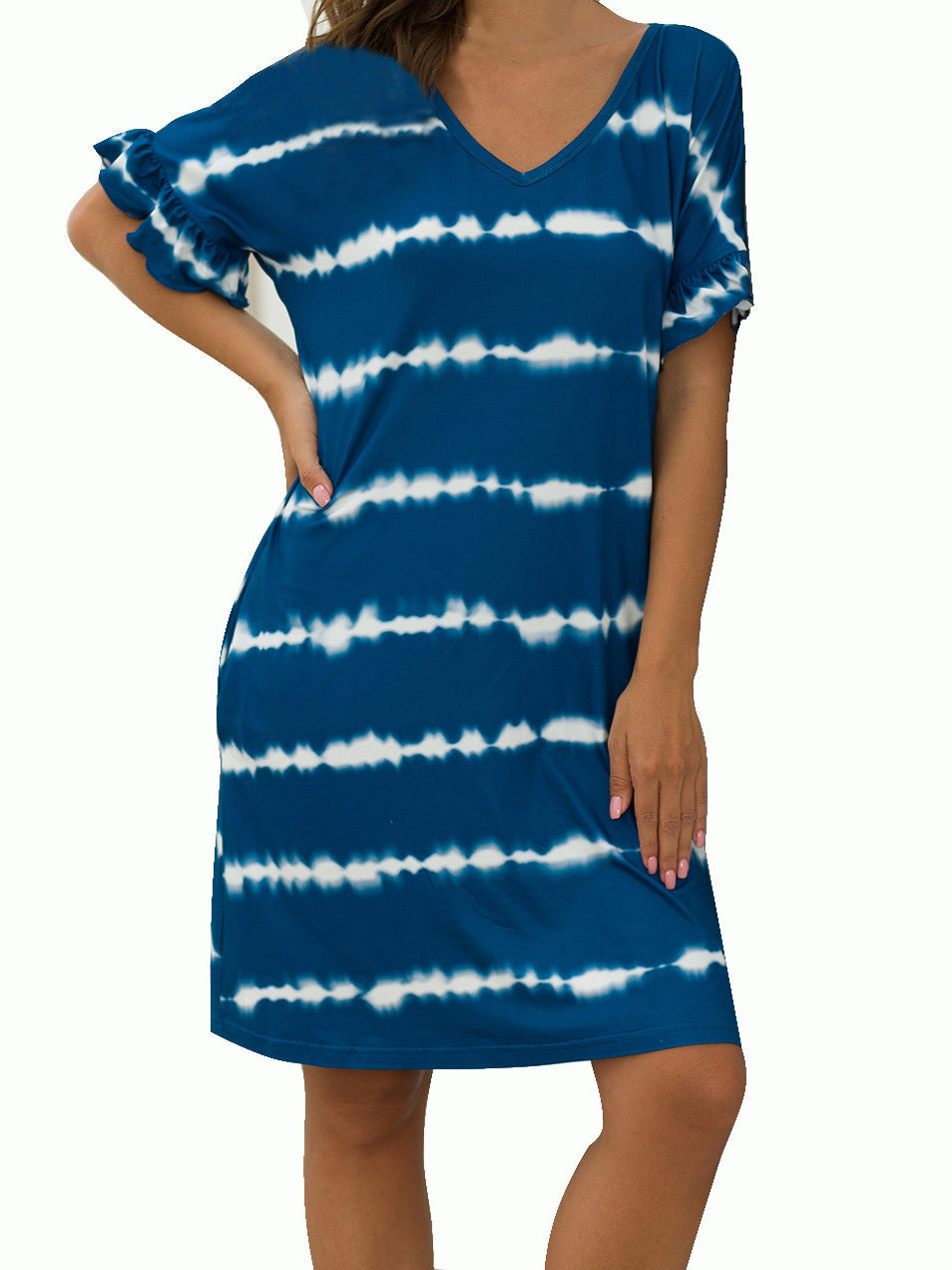 Women Tie-dye Printed Short Sleeve V-neck Midi Dress With Pockets