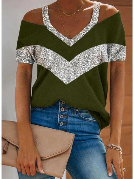 Women's Short Sleeve V-neck Cold-shoulder Stitching Tops T-shirts