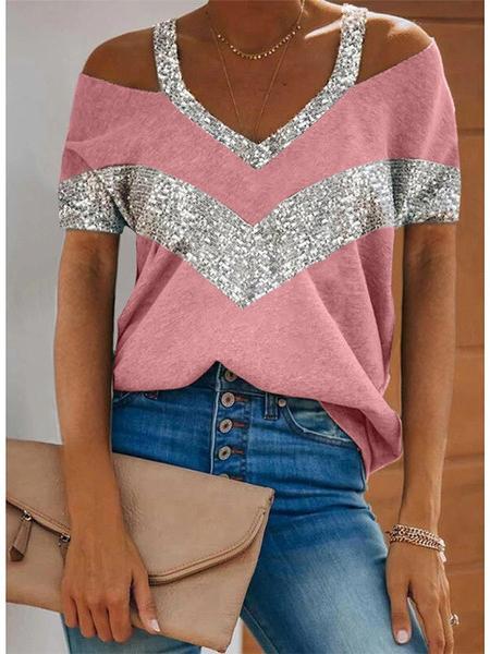 Women's Short Sleeve V-neck Cold-shoulder Stitching Tops T-shirts