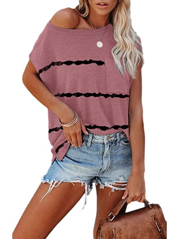 Women's Short Sleeve Scoop Neck Striped Printed Tops T-shirts