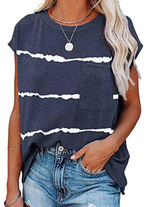 Women's Short Sleeve Scoop Neck Striped Printed Tops T-shirts