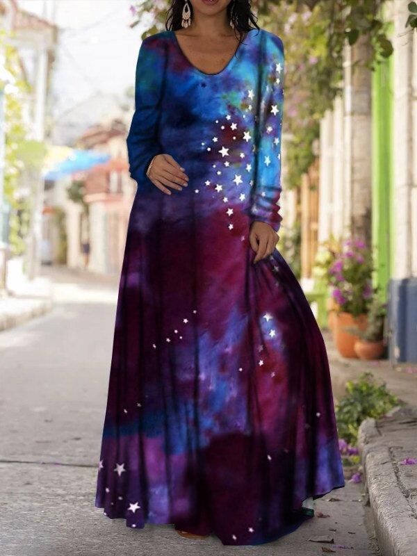 Women's Long Sleeve Scoop Neck Starry Sky Printed Maxi Dress