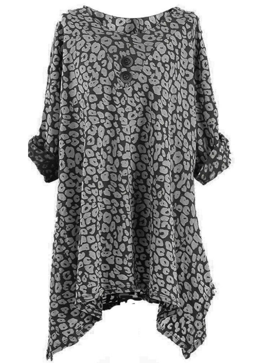 Women Batik Buttons Print Cotton Plus Size Tunic Long Sleeve Dress with Pockets