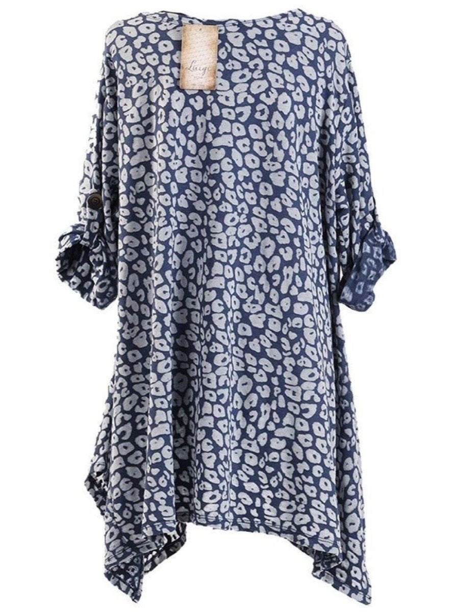 Women Batik Buttons Print Cotton Plus Size Tunic Long Sleeve Dress with Pockets
