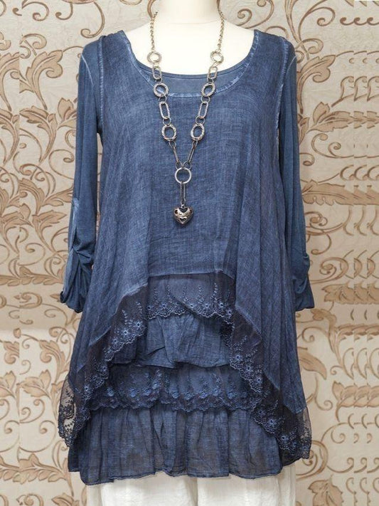 STUNNING BLUE 2PIECE TUNIC DRESS QUIRKY ITALIAN LAGENLOOK/LAYERING TOP Round-neck Long Sleeve Tops