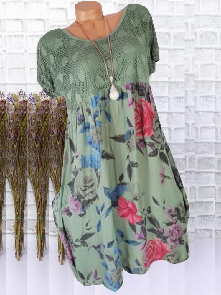 Women Plus Size Floral Printed Short Sleeve Lace Stitching Dresses