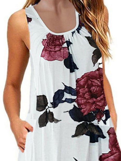 Women's Floral Printed Sleeveless Sundresses With Pockets Beach Dress