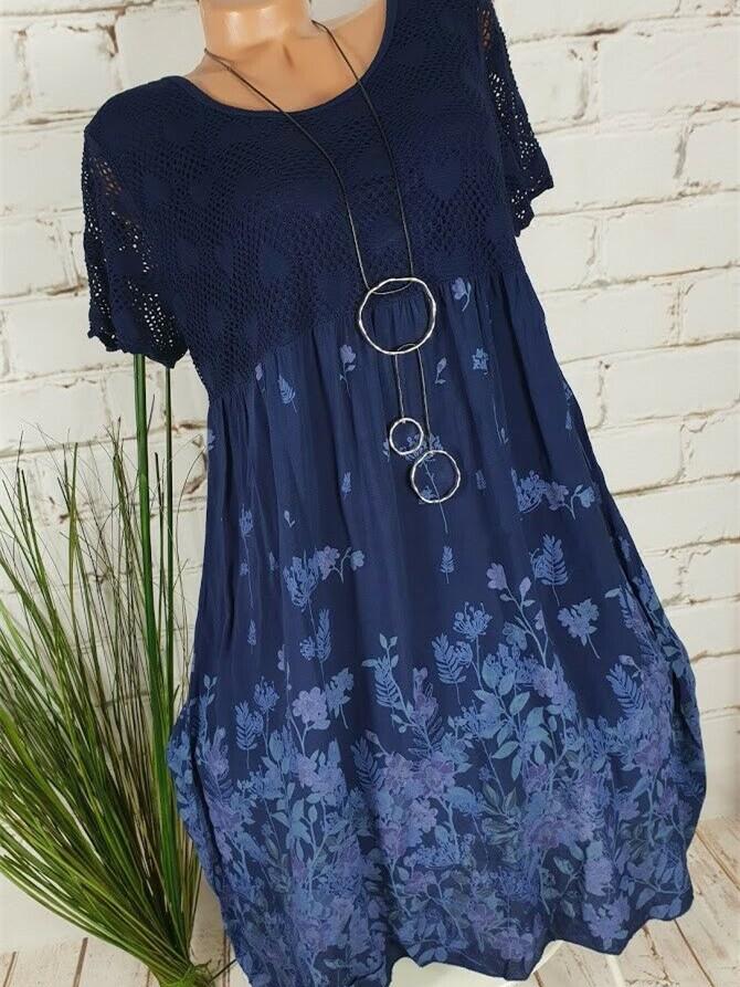 Women Floral Printed Short Sleeve Lace Stitching Dresses