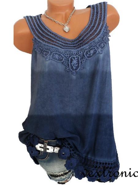 Summer Women Lace Sleeveless Gradient Color Vest Shirt Tank Tops Blouse T-shirt Loose T shirt