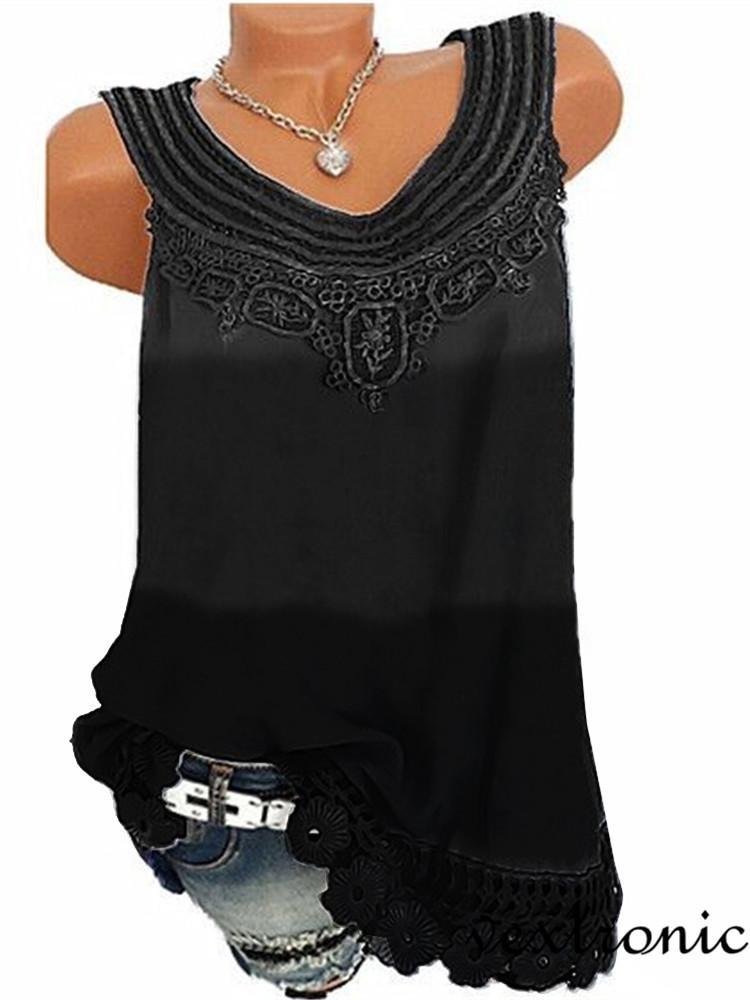 Summer Women Lace Sleeveless Gradient Color Vest Shirt Tank Tops Blouse T-shirt Loose T shirt
