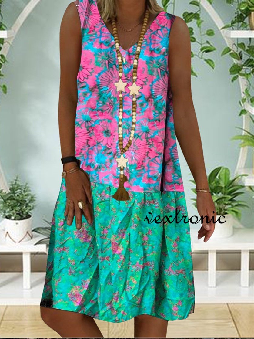 Women Sleeveless V-Neck Floral Printed Dress