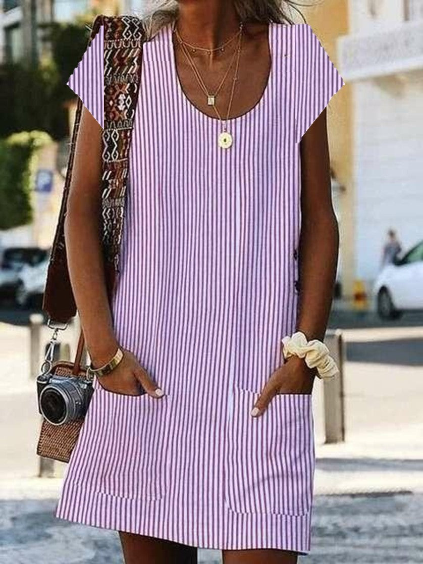 Women's Short Sleeve Striped Shift Dresses With Pockets Mini Dress
