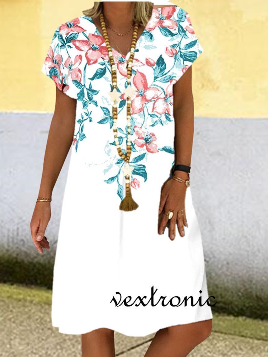 Women Plus Size Short Sleeve V-neck Floral Printed Midi Dress M-5XL
