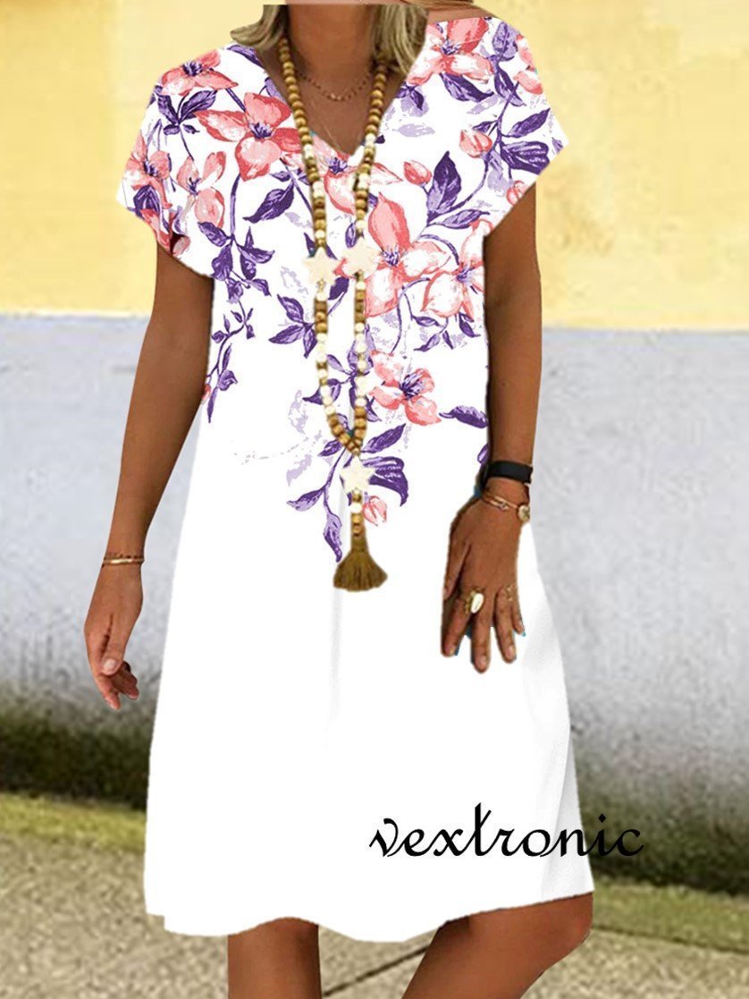 Women Plus Size Short Sleeve V-neck Floral Printed Midi Dress M-5XL