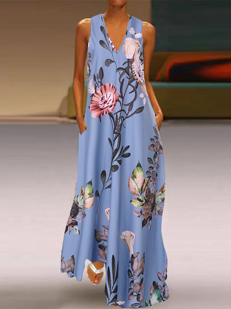 Women Sleeveless V-neck Floral Printed Maxi Dress