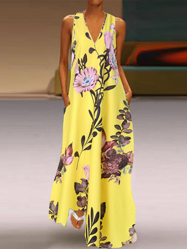 Women Sleeveless V-neck Floral Printed Maxi Dress