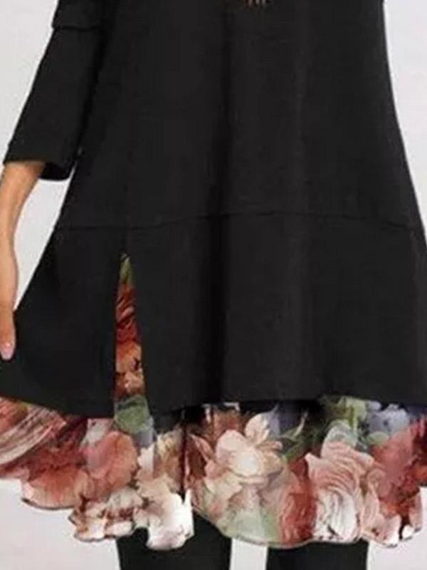 Women Long Sleeve Round Neck Floral Printed Mini Dress