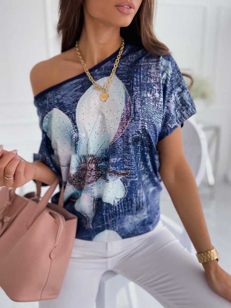 Women Round Neck Short Sleeve Floral Printed Top T-shirt