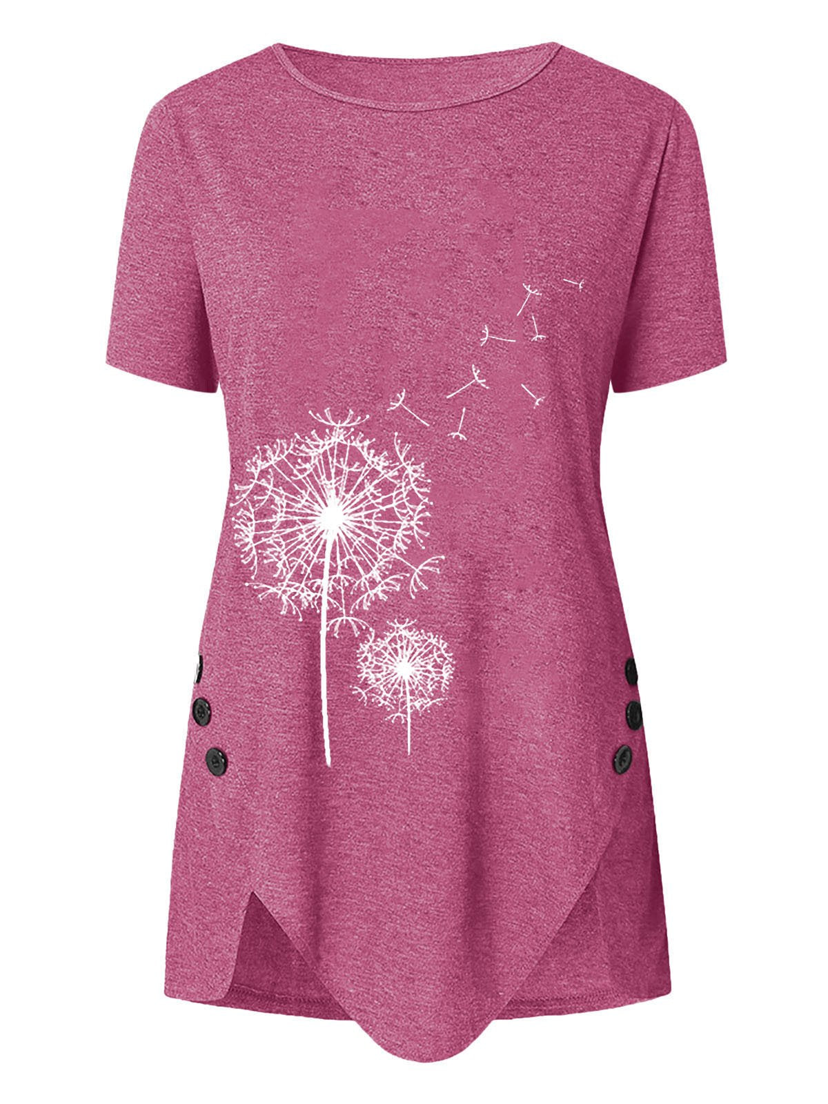 Women Short Sleeve Round Neck Floral Printed Top Irregular Hem T-shirt