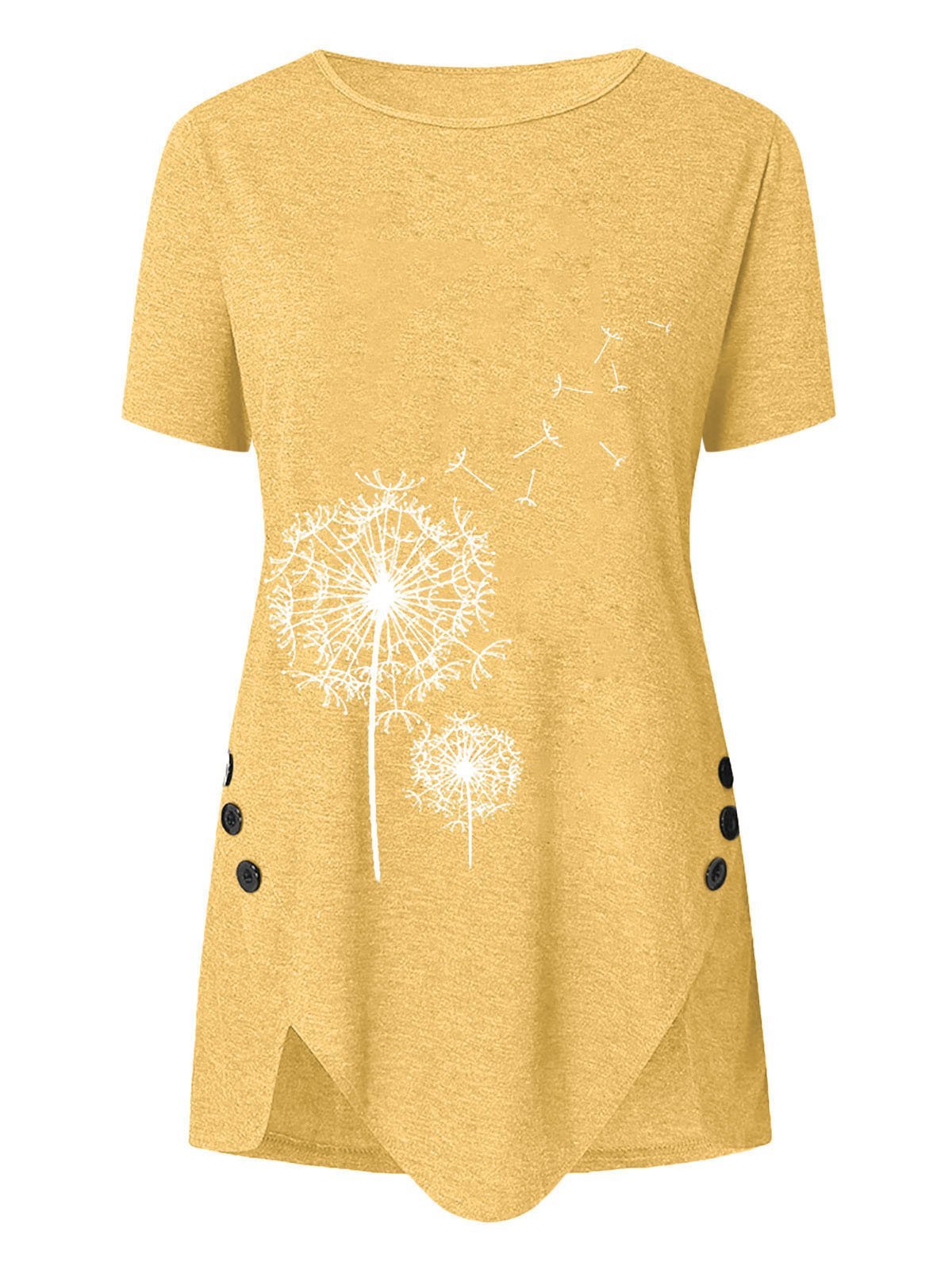 Women Short Sleeve Round Neck Floral Printed Top Irregular Hem T-shirt