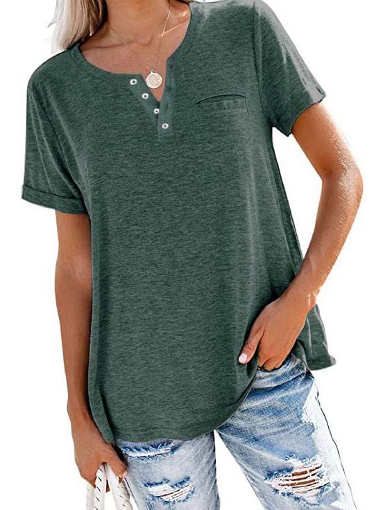 Women Short Sleeve V-neck Solid Color Button Top T-shirt