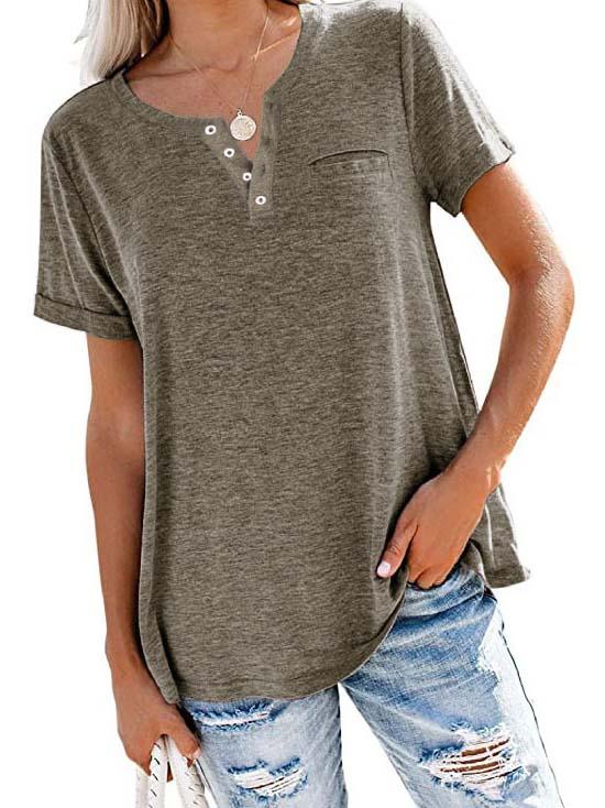 Women Short Sleeve V-neck Solid Color Button Top T-shirt