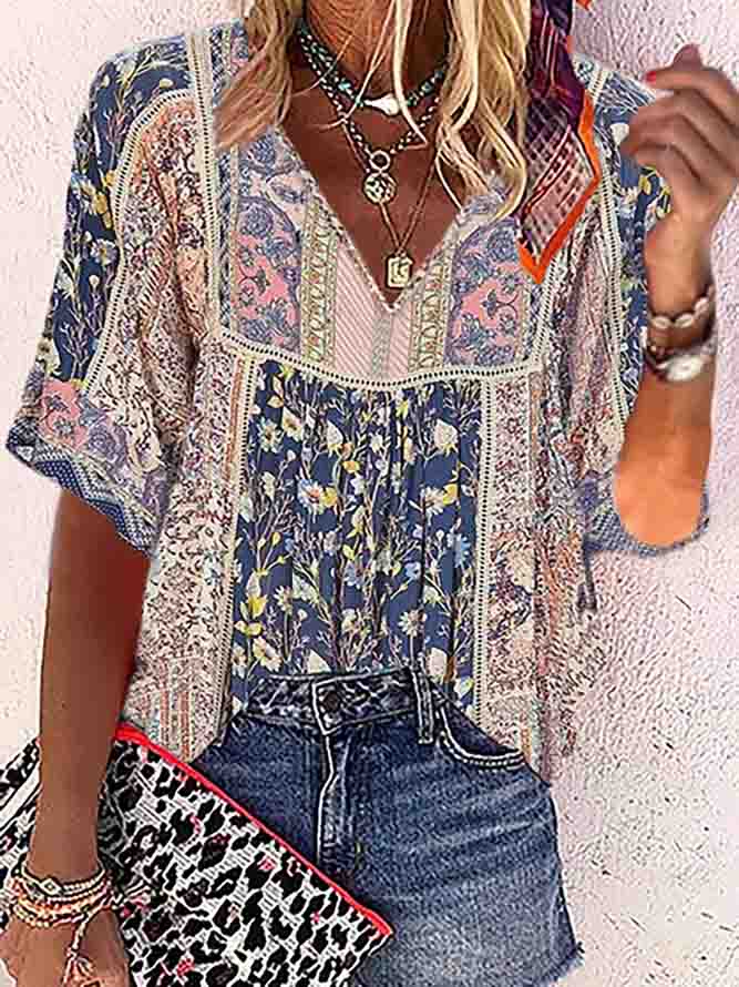 Women V-neck Casual Blouses & Shirts Floral Print Top