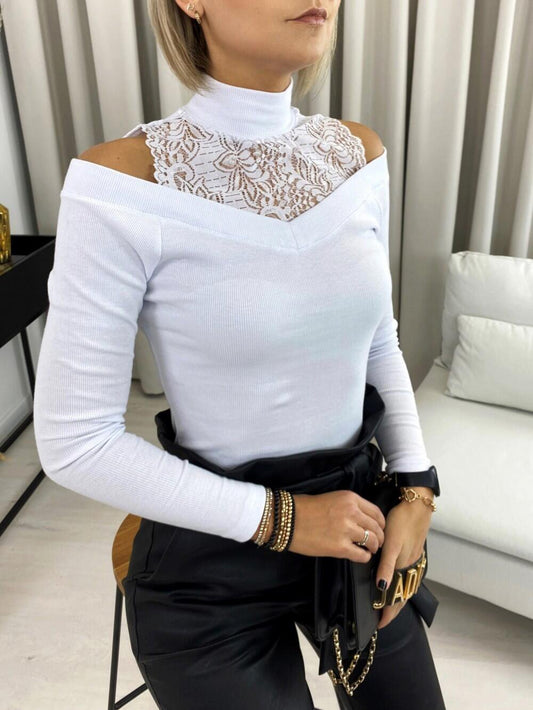 Women's Scoop Neck Long Sleeve Stitching Lace Tops