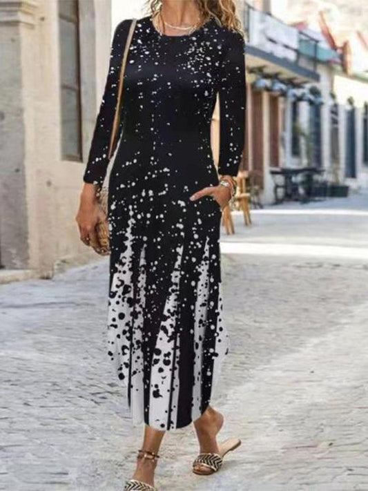 Women's Printed Scoop Neck Long Sleeve Maxi Dress