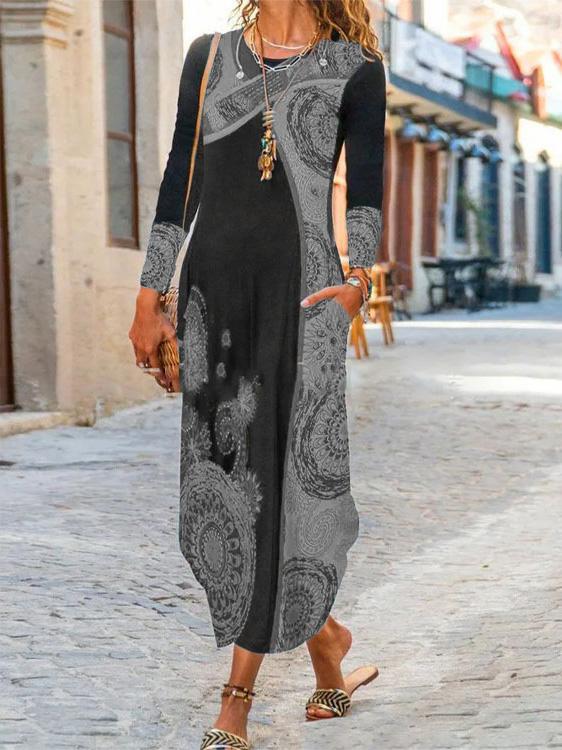 Women's Printed Scoop Neck Long Sleeve Maxi Dress