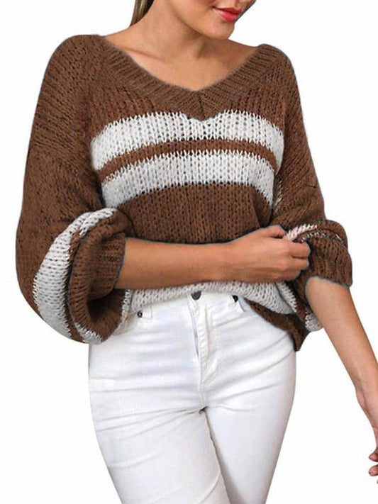 Women's V-neck Knitted Color-Blocking Long Sleeved Sweater