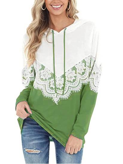 Women's Scoop Neck Long Sleeve Lace Color Matching Hooded Sweater