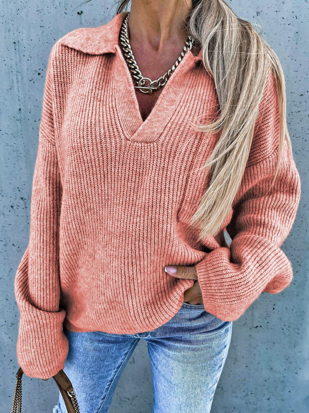 Women's Long Sleeve V-neck Pocket Sweater