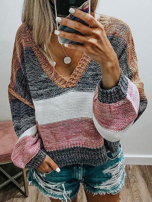 Women's Knitted Long Sleeve V-neck Sweater