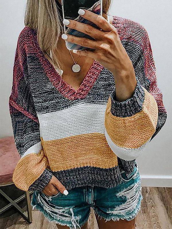 Women's Knitted Long Sleeve V-neck Sweater