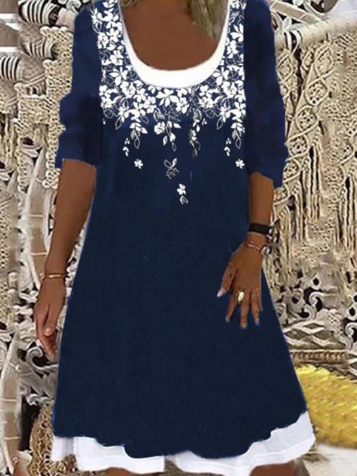 Women's U-neck Half Sleeve Printed Midi Dress